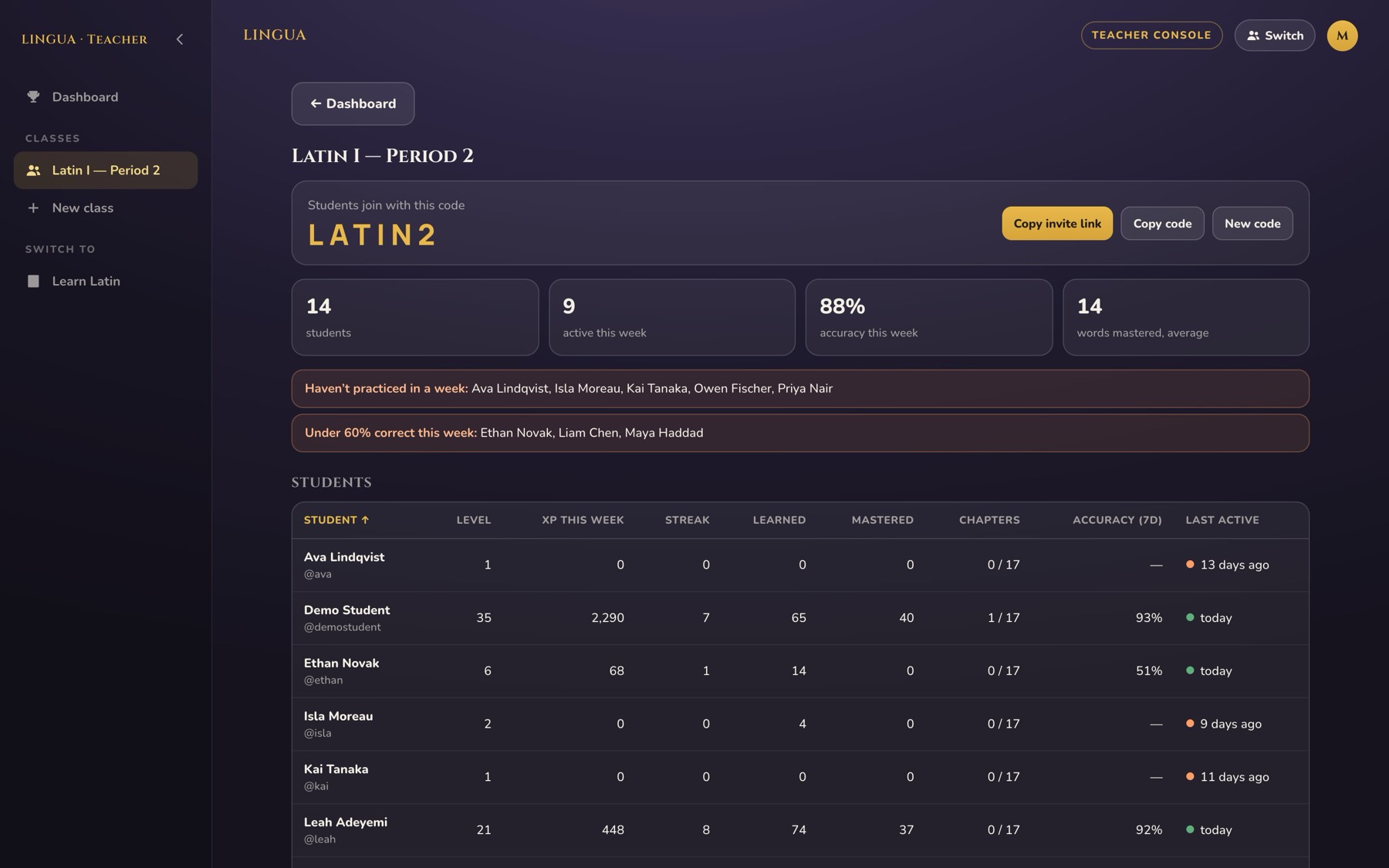 Teacher console: a class with its join code, weekly activity tiles, who needs attention, and a sortable student roster