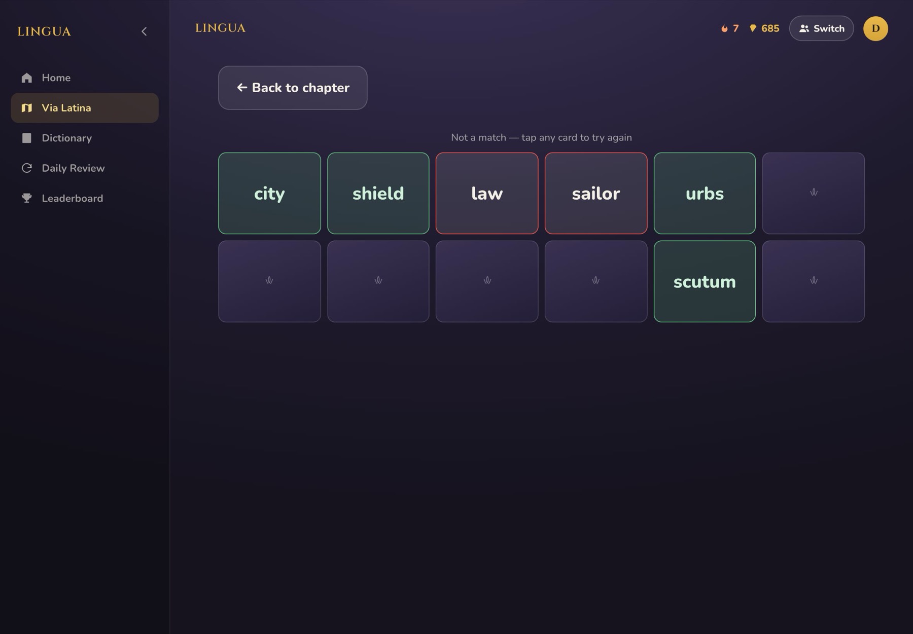 Match Pairs on an iPad: Latin and English tiles, some matched in green, one wrong pair in red